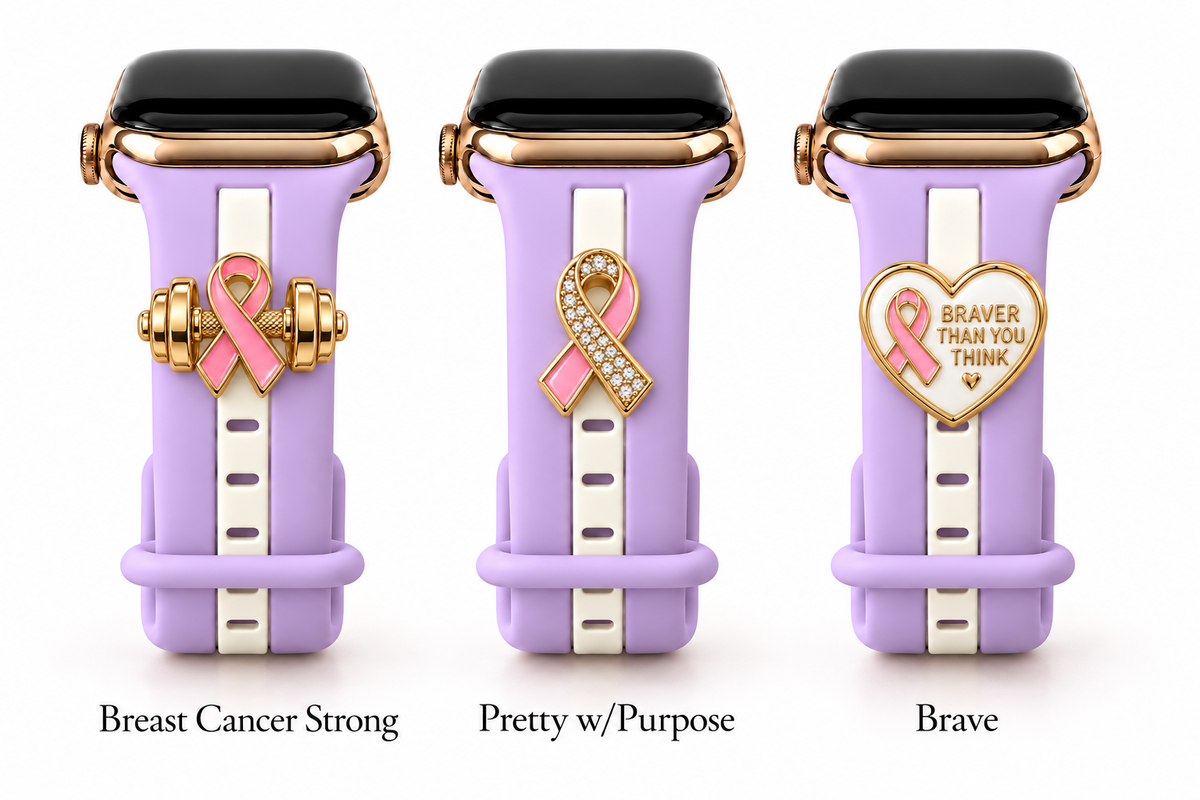 Skye Queen Charlotte Lavender Smart Watch Band with Breast Cancer Strong, Pretty w/Purpose, and Brave charms