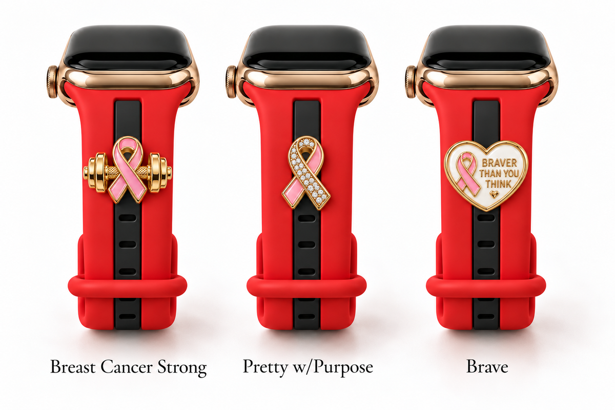 Skye Red & Black Smart Watch Band with Breast Cancer Strong, Pretty w/Purpose, and Brave charms
