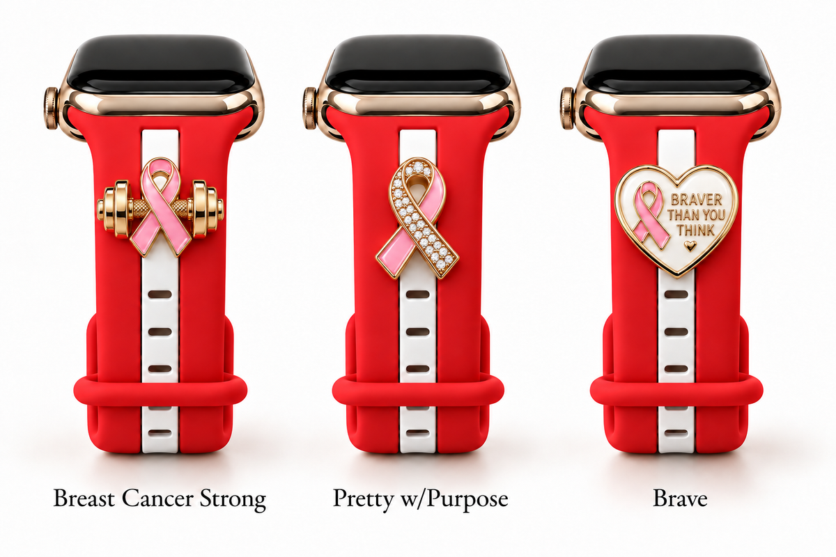 Skye Red & White Smart Watch Band with Breast Cancer Strong, Pretty w/Purpose, and Brave charms