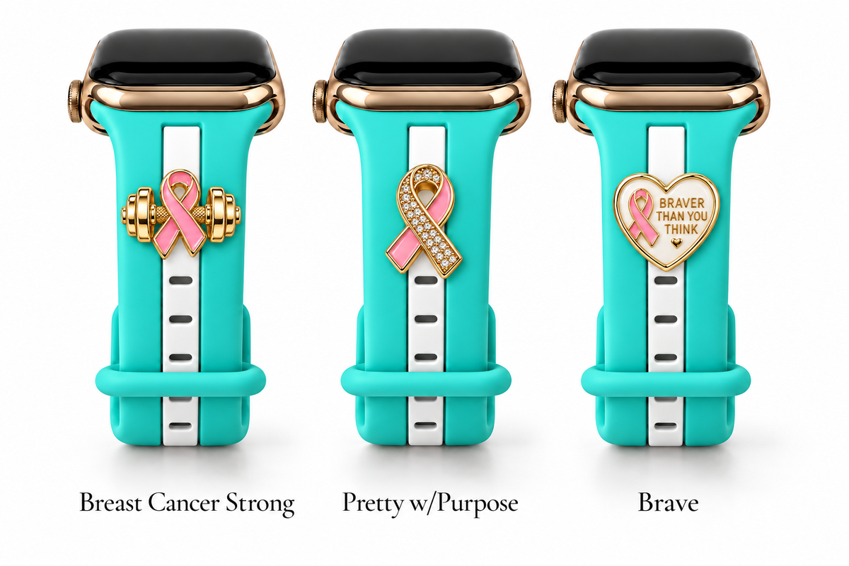 Skye "The Blue" Smart Watch Band with Breast Cancer Strong, Pretty w/Purpose, and Brave charms
