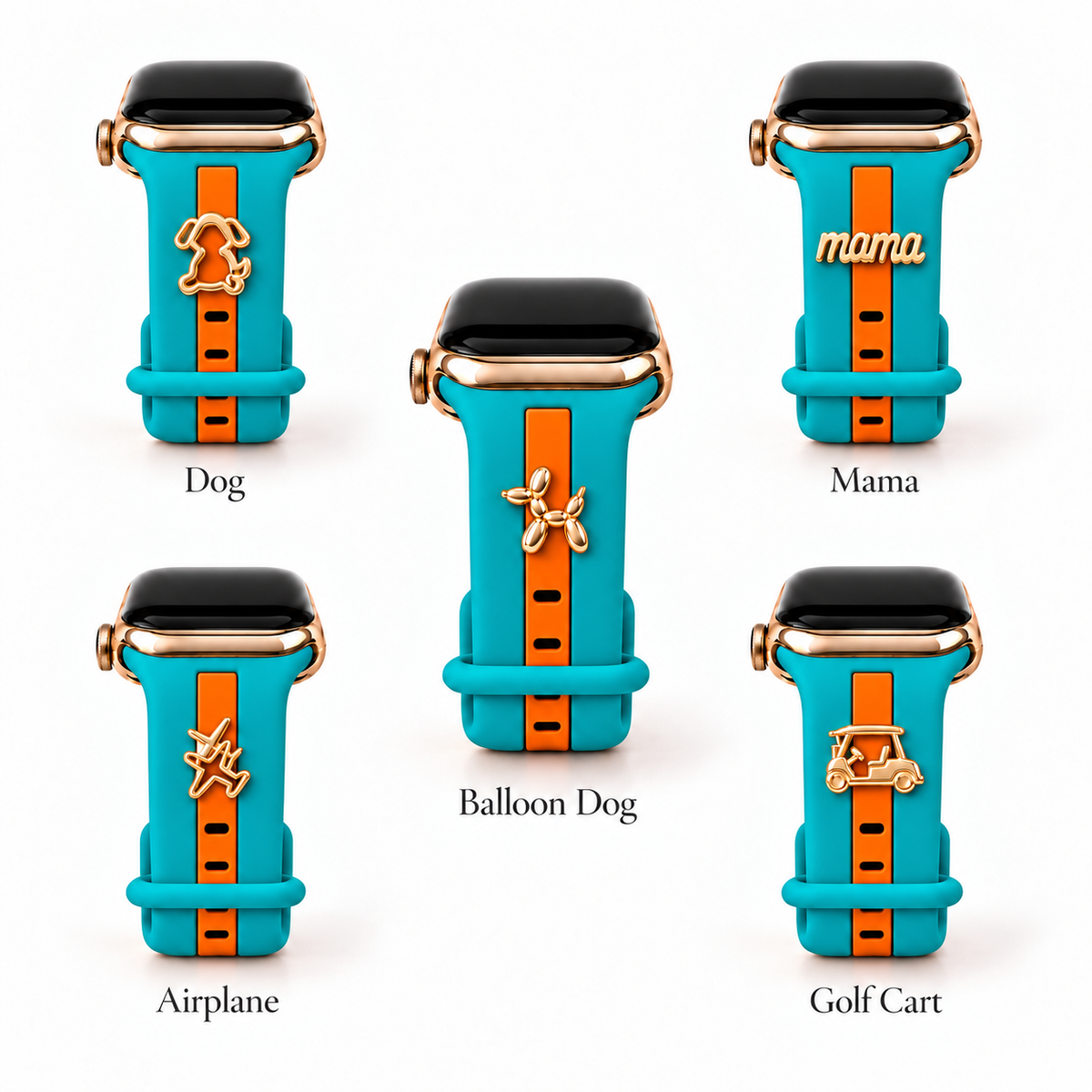 Skye Turquoise & Orange with Dog, Mama, Balloon Dog, Airplane and Golf Cart charms