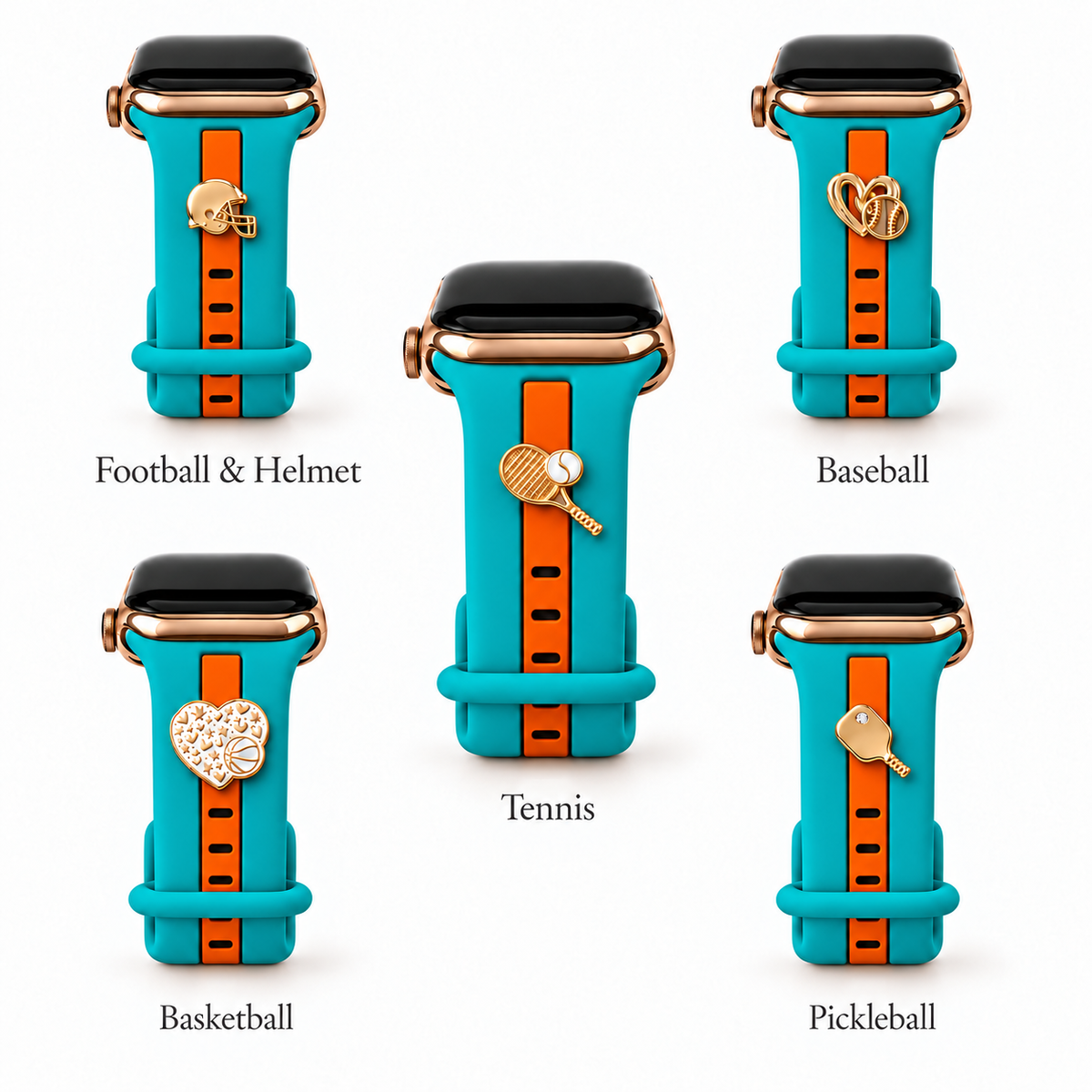 Skye Turquoise & Orange with Football, Baseball, Tennis, Basketball and Pickleball charms