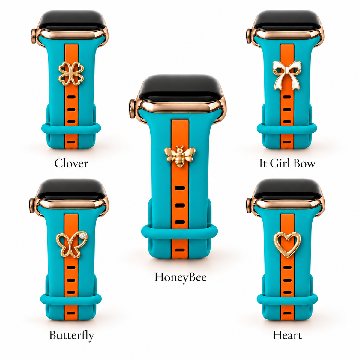 Skye Turquoise & Orange: Honey Bee, Clover, It Girl Bow, Butterfly and Heart charms