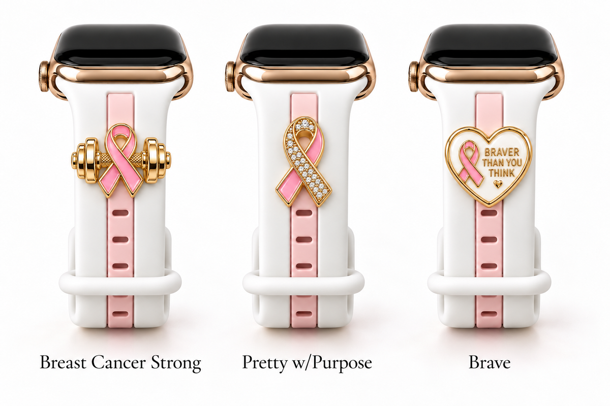 Skye White & Bubblegum Smart Watch Band with Breast Cancer Strong, Pretty w/Purpose, and Brave charms