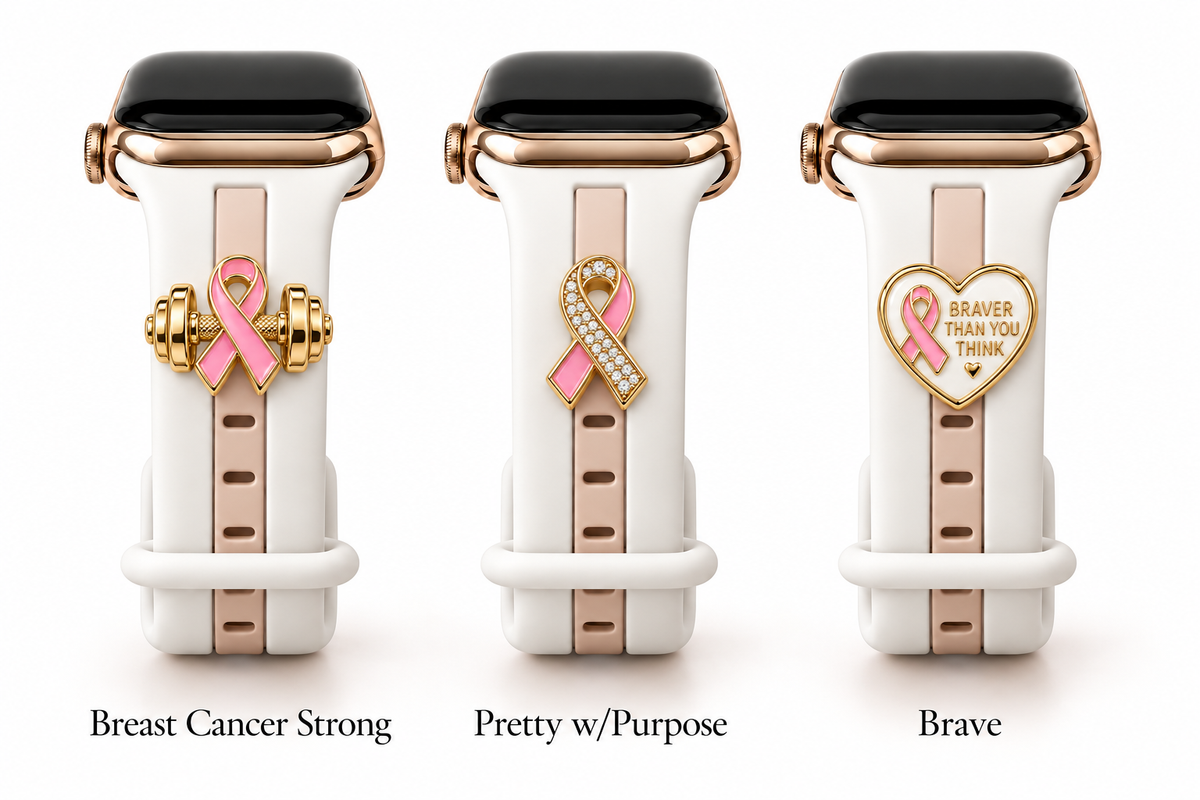 Skye White & Nude Sand Smart Watch Band with Breast Cancer Strong, Pretty w/Purpose, and Brave charms