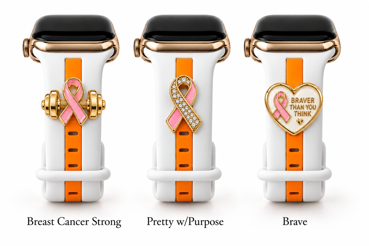 Skye White & Orange Smart Watch Band with Breast Cancer Strong, Pretty w/Purpose, and Brave charms