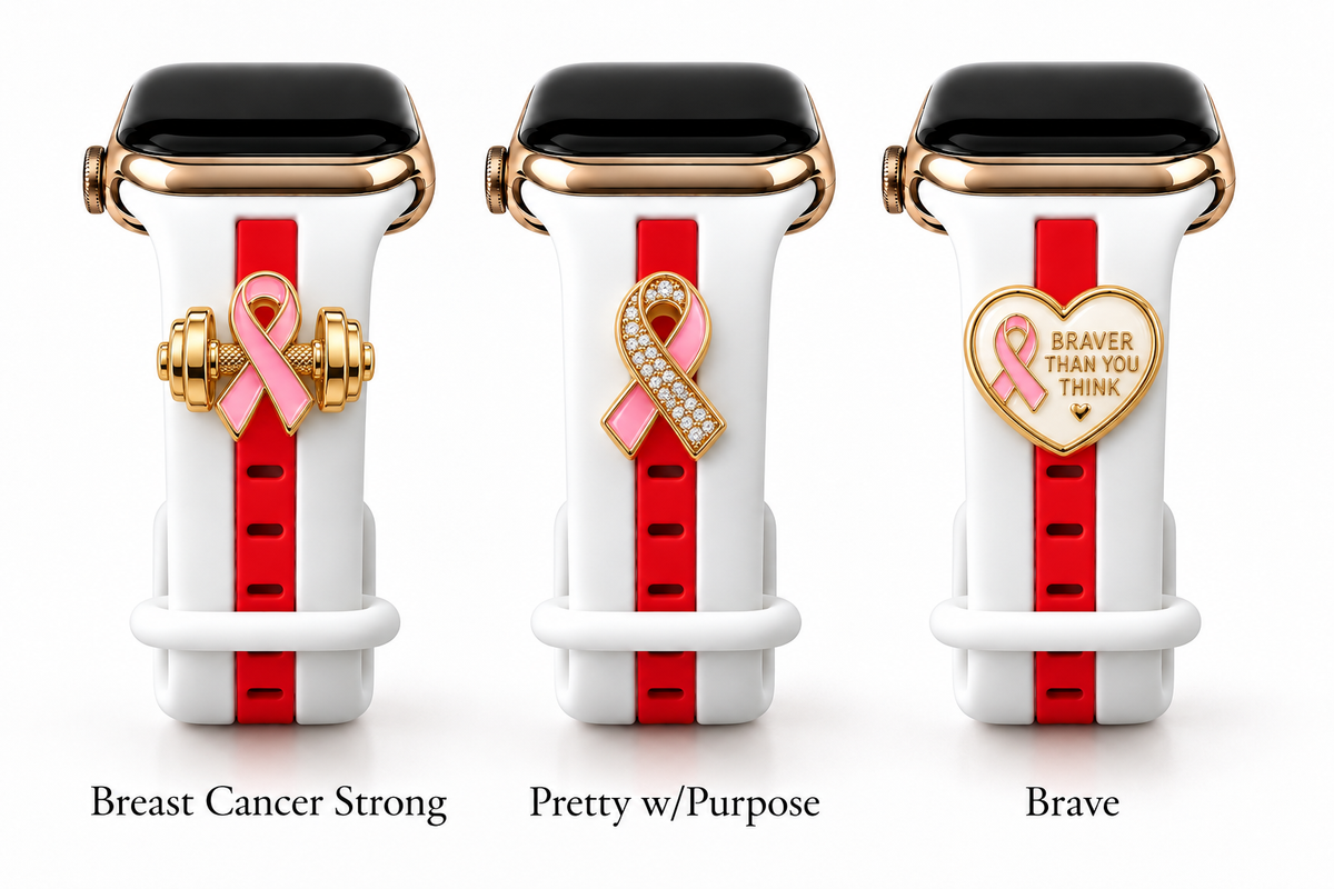 Skye White & Red Smart Watch Band with Breast Cancer Strong, Pretty w/Purpose, and Brave charms