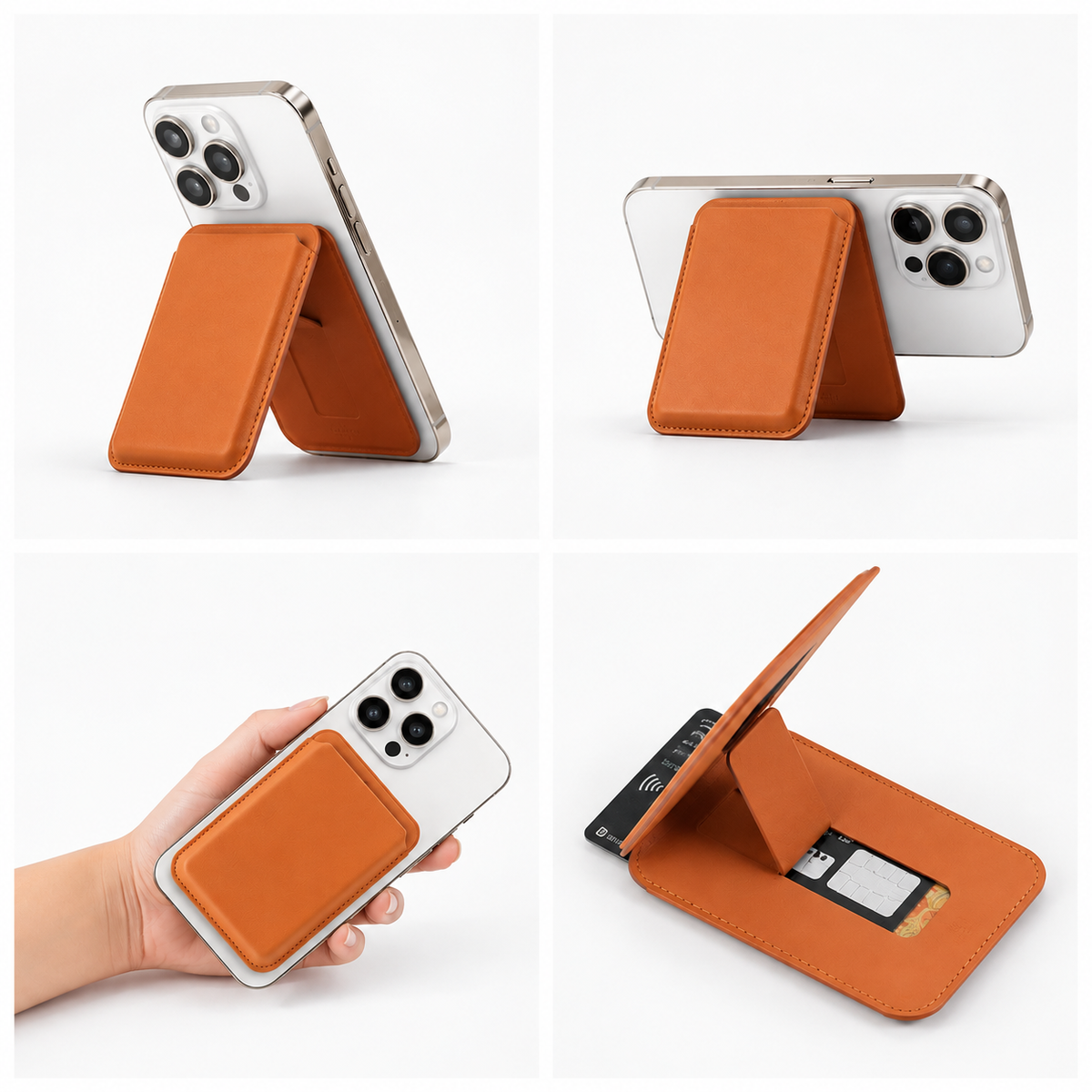 Prop Me Up MagSafe wallet stand in sunset orange on white